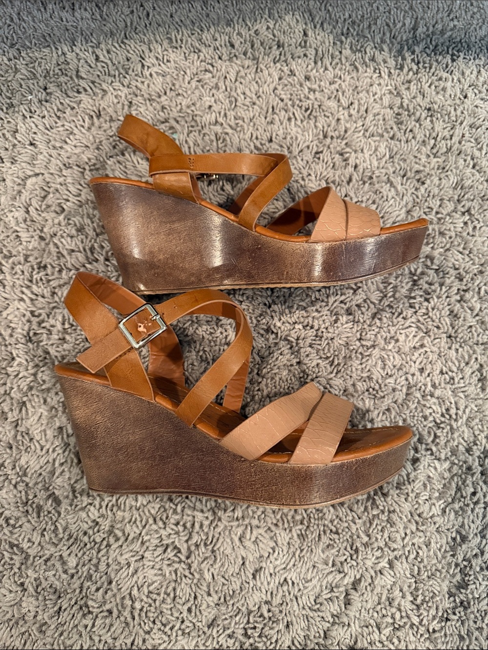 Womens Tan Leather Wedge Sandals - Strappy Slingback
